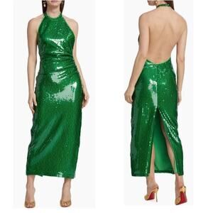 RONNY KOBO Alix Green Sequin Halter Midi Dress Open Back Small NWT